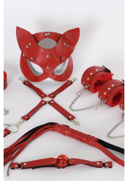 Aria's Closet Kırmızı Içi Tüylü Maske,kol,bacak,ağız Topu,kırbaç,tasma Harness Set