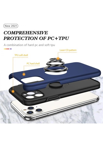 Apple iPhone 11 Pro Max Kılıf Elit Yüzüklü Kapak - Lacivert Ynsmr