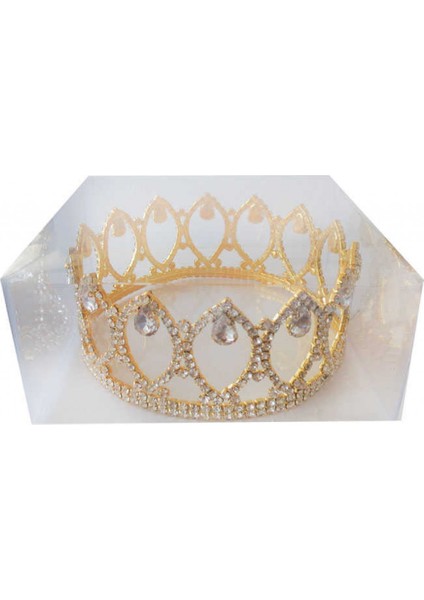Taç Metal Taşlı Pasta Süsü Asetat Kutuda Altın modelleri