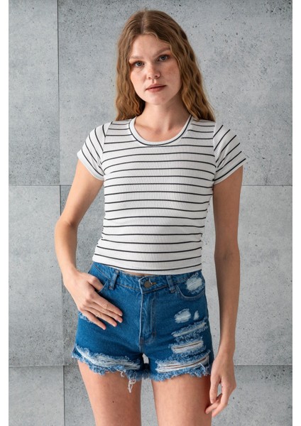 Kadın Bisiklet Yaka Kısa Kollu Çizgili Body Siyah - 25506