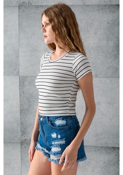 Kadın Bisiklet Yaka Kısa Kollu Çizgili Body Siyah - 25506