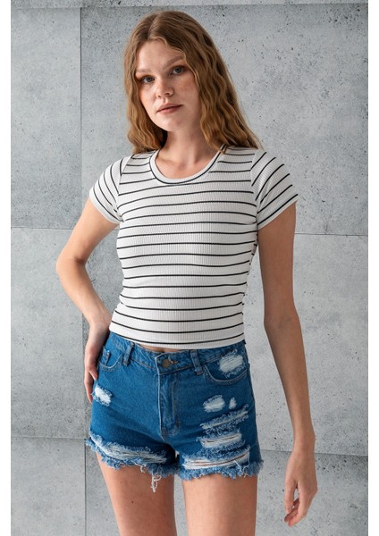 Kadın Bisiklet Yaka Kısa Kollu Çizgili Body Siyah - 25506