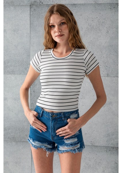 Kadın Bisiklet Yaka Kısa Kollu Çizgili Body Siyah - 25506