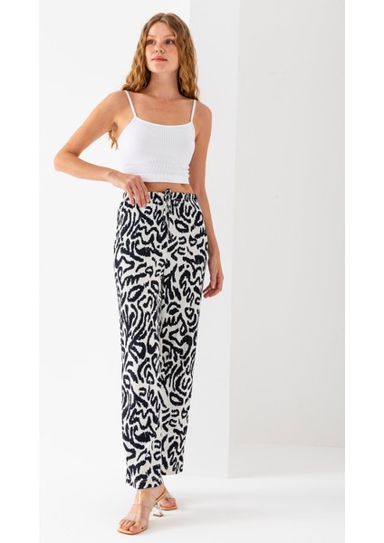 Kadın Beli Ayarlanabilir Bol Paça Bürümcük Pantolon Lacivert - 925090