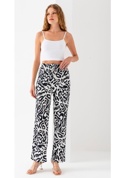 Kadın Beli Ayarlanabilir Bol Paça Bürümcük Pantolon Lacivert - 925090 modelleri