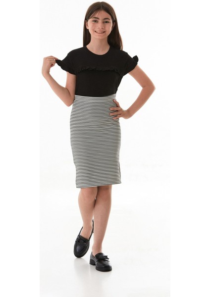 Çizgili Beli Lastikli Kız Çocuk Etek