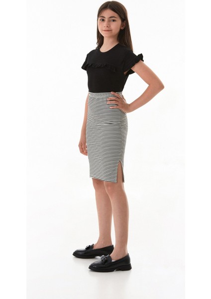 Çizgili Beli Lastikli Kız Çocuk Etek modelleri