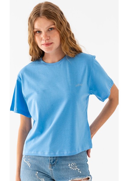 Kadın Bisiklet Yaka Taş Baskılı Pamuklu T-Shirt Mavi - 925023