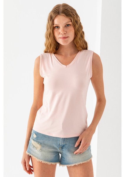 Kadın Ön Arka V Yaka Kolsuz Basic Bluz Pembe - 925083