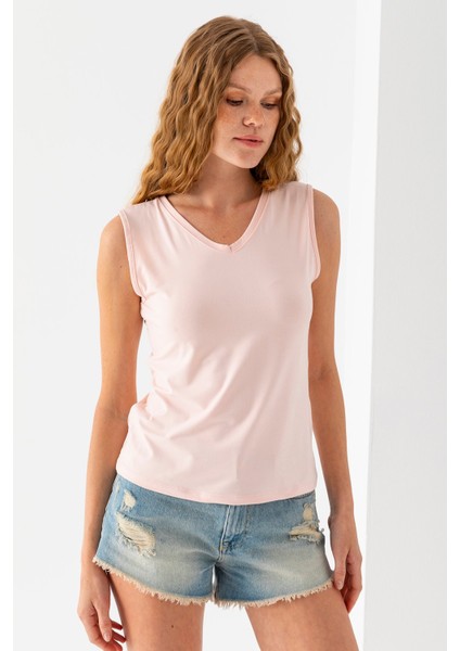 Kadın Ön Arka V Yaka Kolsuz Basic Bluz Pembe - 925083