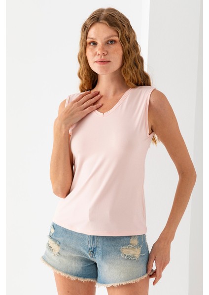 Kadın Ön Arka V Yaka Kolsuz Basic Bluz Pembe - 925083