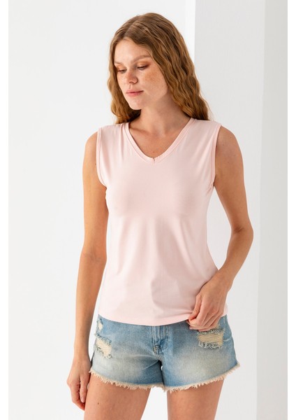 Kadın Ön Arka V Yaka Kolsuz Basic Bluz Pembe - 925083