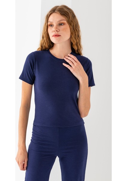 Kadın Kısa Kollu Beli Lastikli İkili Takım Lacivert - 25793 modelleri
