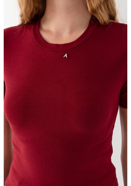 Kadın Bisiklet Yaka A Aksesuarlı Crop T-Shirt Bordo - 25792 indirimleri