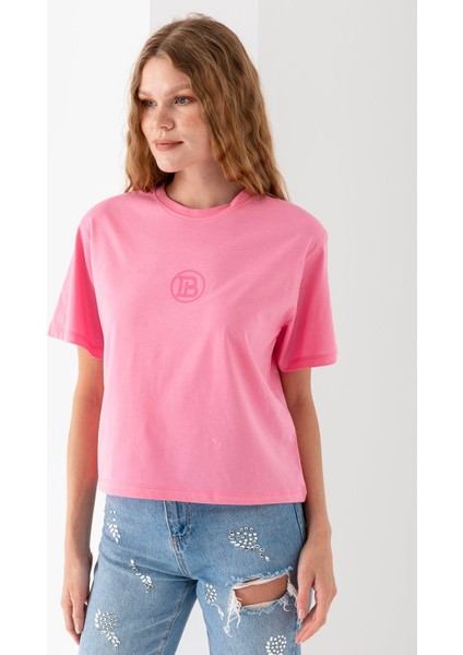Kadın Bisiklet Yaka Baskılı %100 Pamuklu T-Shirt Pembe - 925024