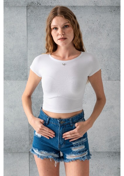 Kadın Bisiklet Yaka Fiyonk Aksesuarlı Crop T-Shirt Beyaz - 25805 modelleri