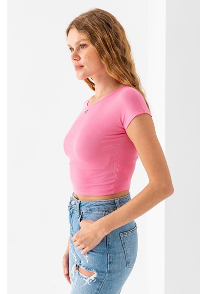 Kadın Bisiklet Yaka Fiyonk Aksesuarlı Crop T-Shirt Pembe - 25805
