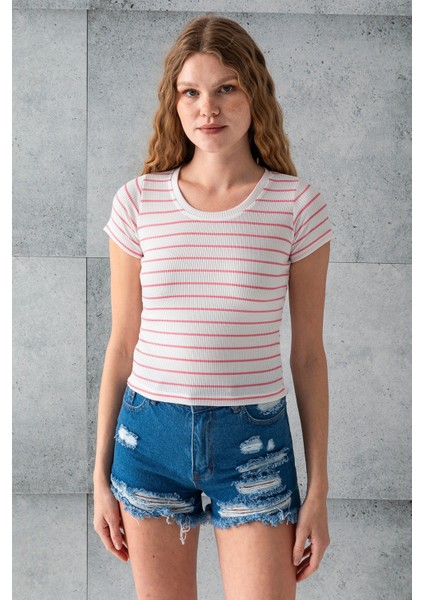 Kadın Bisiklet Yaka Kısa Kollu Çizgili Body Pembe – 25506