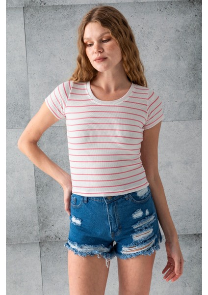 Kadın Bisiklet Yaka Kısa Kollu Çizgili Body Pembe – 25506
