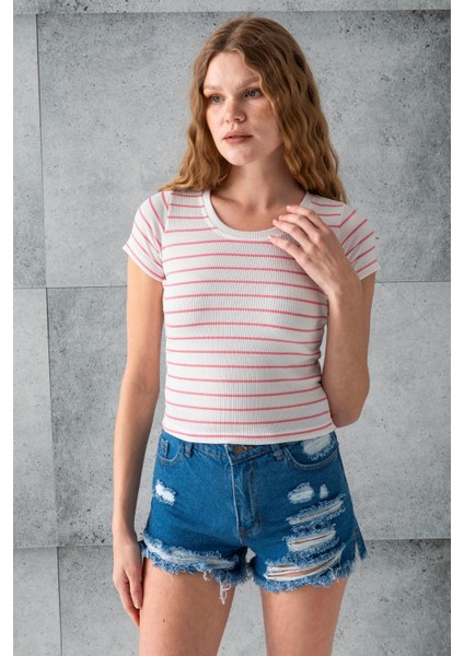Kadın Bisiklet Yaka Kısa Kollu Çizgili Body Pembe – 25506