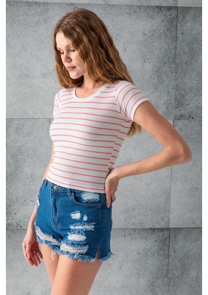 Kadın Bisiklet Yaka Kısa Kollu Çizgili Body Pembe – 25506
