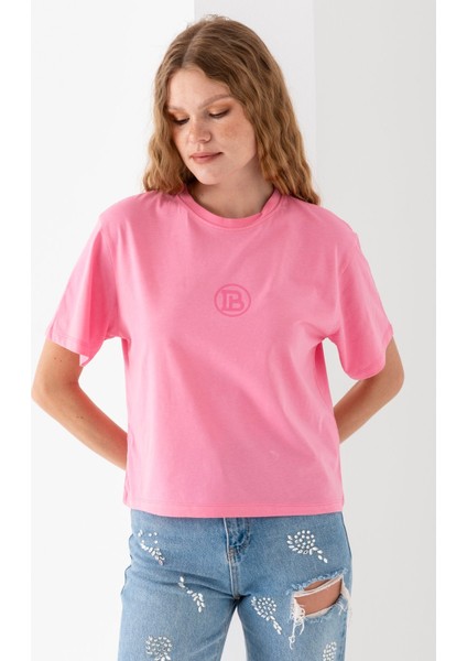 Kadın Bisiklet Yaka Baskılı %100 Pamuklu T-Shirt Pembe - 925024