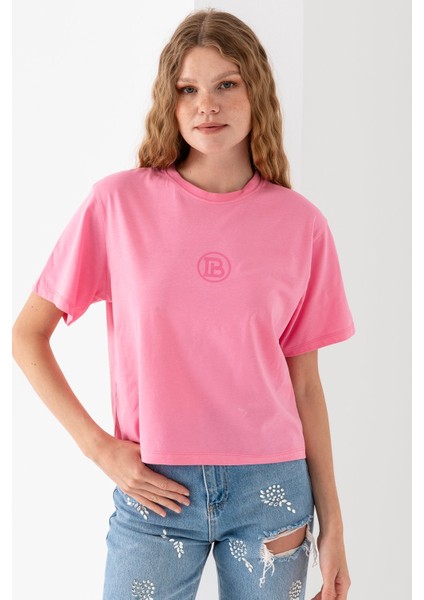 Kadın Bisiklet Yaka Baskılı %100 Pamuklu T-Shirt Pembe - 925024