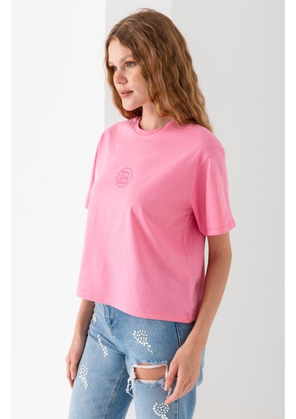 Kadın Bisiklet Yaka Baskılı %100 Pamuklu T-Shirt Pembe - 925024