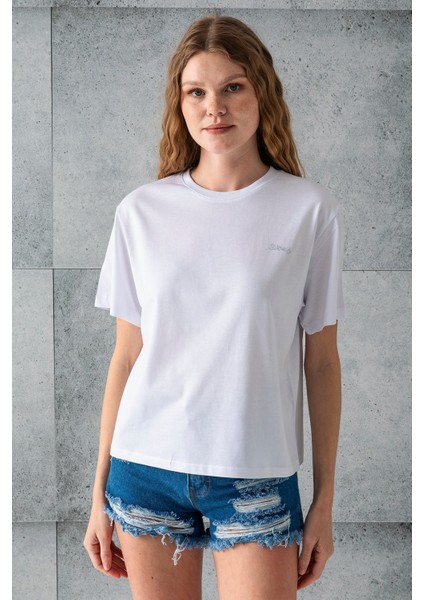 Kadın Bisiklet Yaka Taş Baskılı Pamuklu T-Shirt Beyaz - 925023