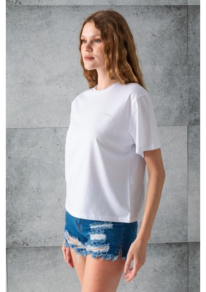 Kadın Bisiklet Yaka Taş Baskılı Pamuklu T-Shirt Beyaz - 925023 fırsatları