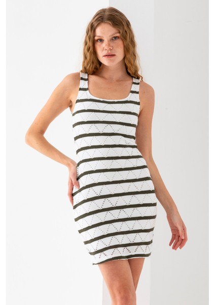 Kadın Askılı U Yaka Astarlı Örme Detaylı Elbise Yeşil - 5095