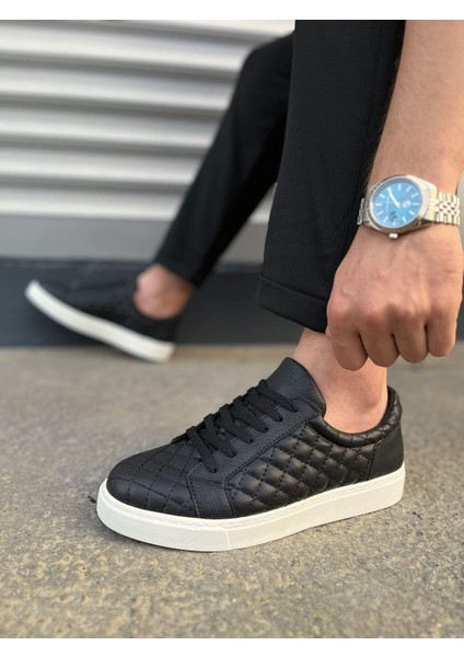 Prestige Bağcıklı Cilt Kapitone Desenli Erkek Günlük Sneaker Ayakkabı Cbt - Siyah