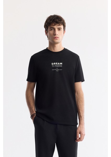 Erkek Siyah Bisiklet Yaka Baskılı Bi-Stretch İnterlok Regular Fit T-Shirt A51Y1140