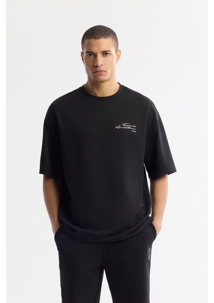 Erkek Siyah Bisiklet Yaka Pamuklu 2 İplik Oversize Fit T-Shirt A51Y1095
