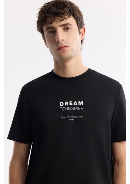 Erkek Siyah Bisiklet Yaka Slogan Baskılı Interlok T-Shirt A51Y1140