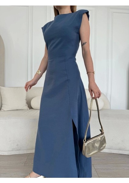 Keten Yandan Yırtmaçlı Uzun Sıfır Kolsuz Elbise - Mavi fırsatları