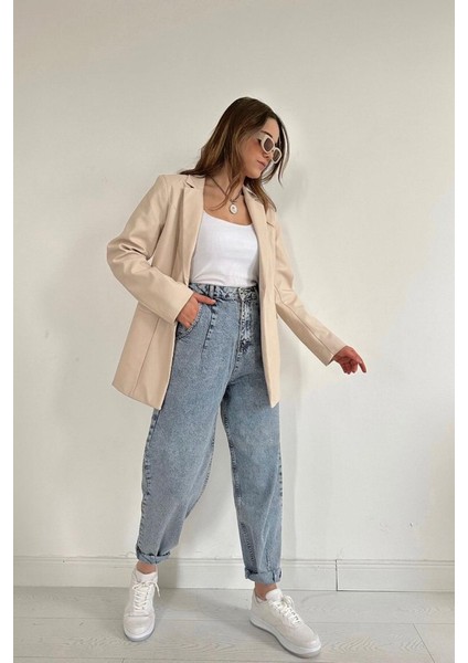 Bej Düğmeli Deri Ceket