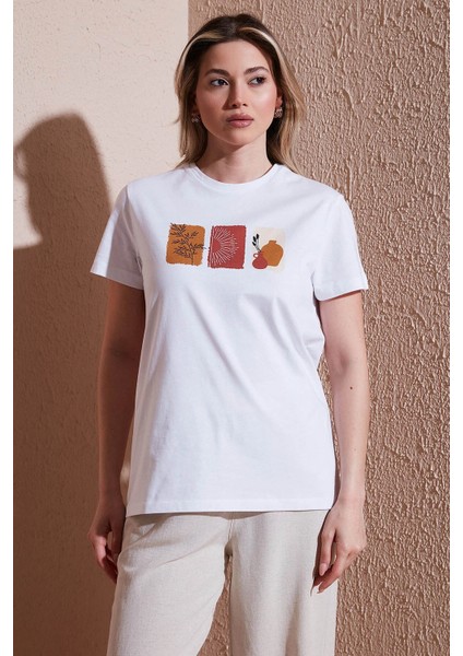 Baskılı Beyaz Kadın T-Shirt 25Y0300K1