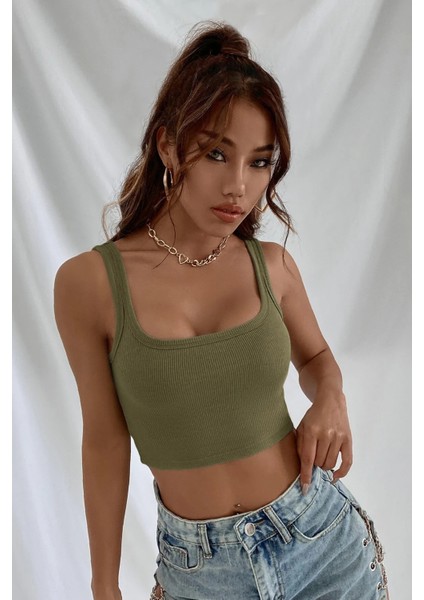 Kadın Haki Yeşili Kalın Askılı Crop Top Büstiyer fırsatları
