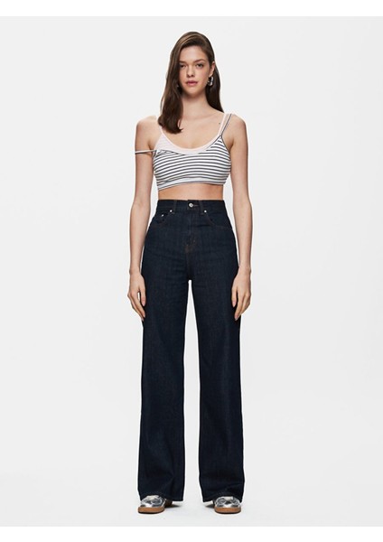 Kadın Çizgili Crop Askılı Mavi Atlet
