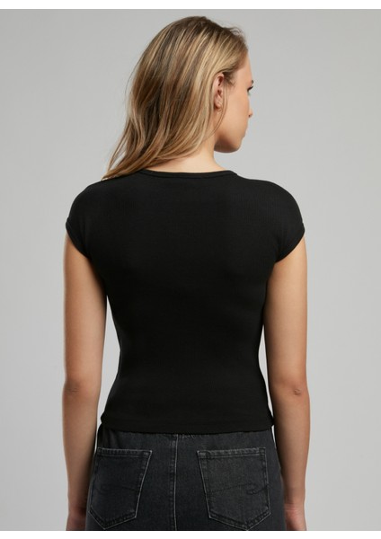 Bisiklet Yaka Düz Siyah Kadın T-Shirt 252 Lcf 242015 Rosa Siyah modelleri