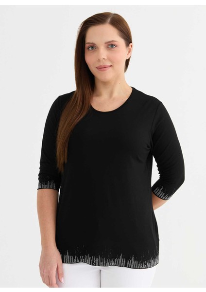 Yuvarlak Yaka Taşlı Siyah Kadın Bluz 25YSL8091-BB fiyatları