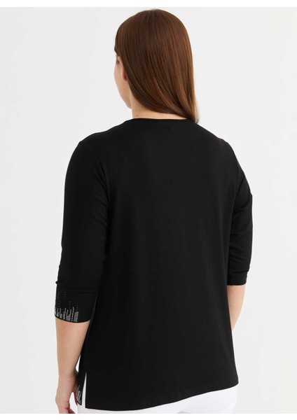 Yuvarlak Yaka Taşlı Siyah Kadın Bluz 25YSL8091-BB fırsatları