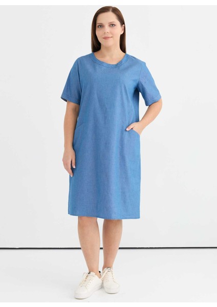 O Yaka Taşlı Indigo Standart Kadın Elbise 25YSL7657