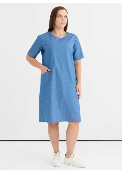 O Yaka Taşlı Indigo Standart Kadın Elbise 25YSL7657 fiyatları