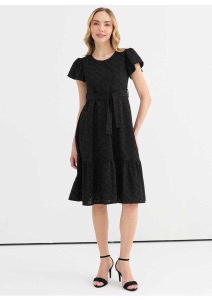 O Yaka Desenli Siyah Standart Kadın Elbise 25YSL7622