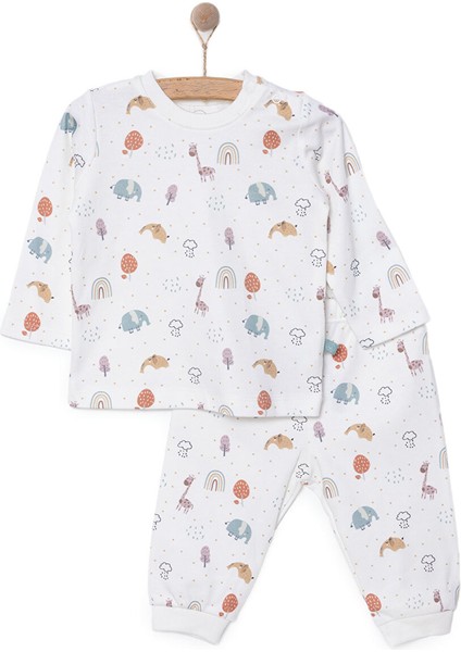 Erkek Bebek Pijama Takımı Interlok Bisiklet Yaka Reçme Paça Uzun Kol Beyaz 6 Ay