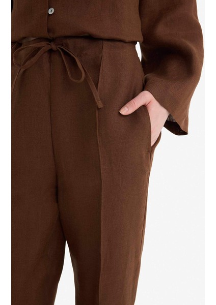 %100 Keten Straight Fit Esnek Belli Cepli Pantolon D4388AX25SM