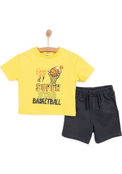Erkek Bebek Tişört-Şort 2li Takım Varsity Bisiklet Yaka Reçme Paça Kısa Kol Hardal