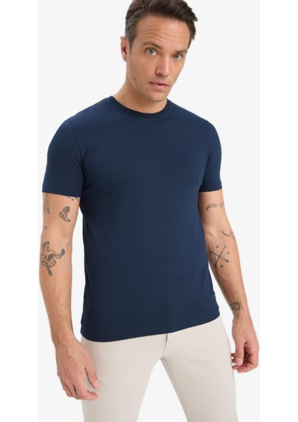 Slim Fit Dar Kesim Bisiklet Yaka Esnek Kumaş Kısa Kollu Tişört E2635AX25SM